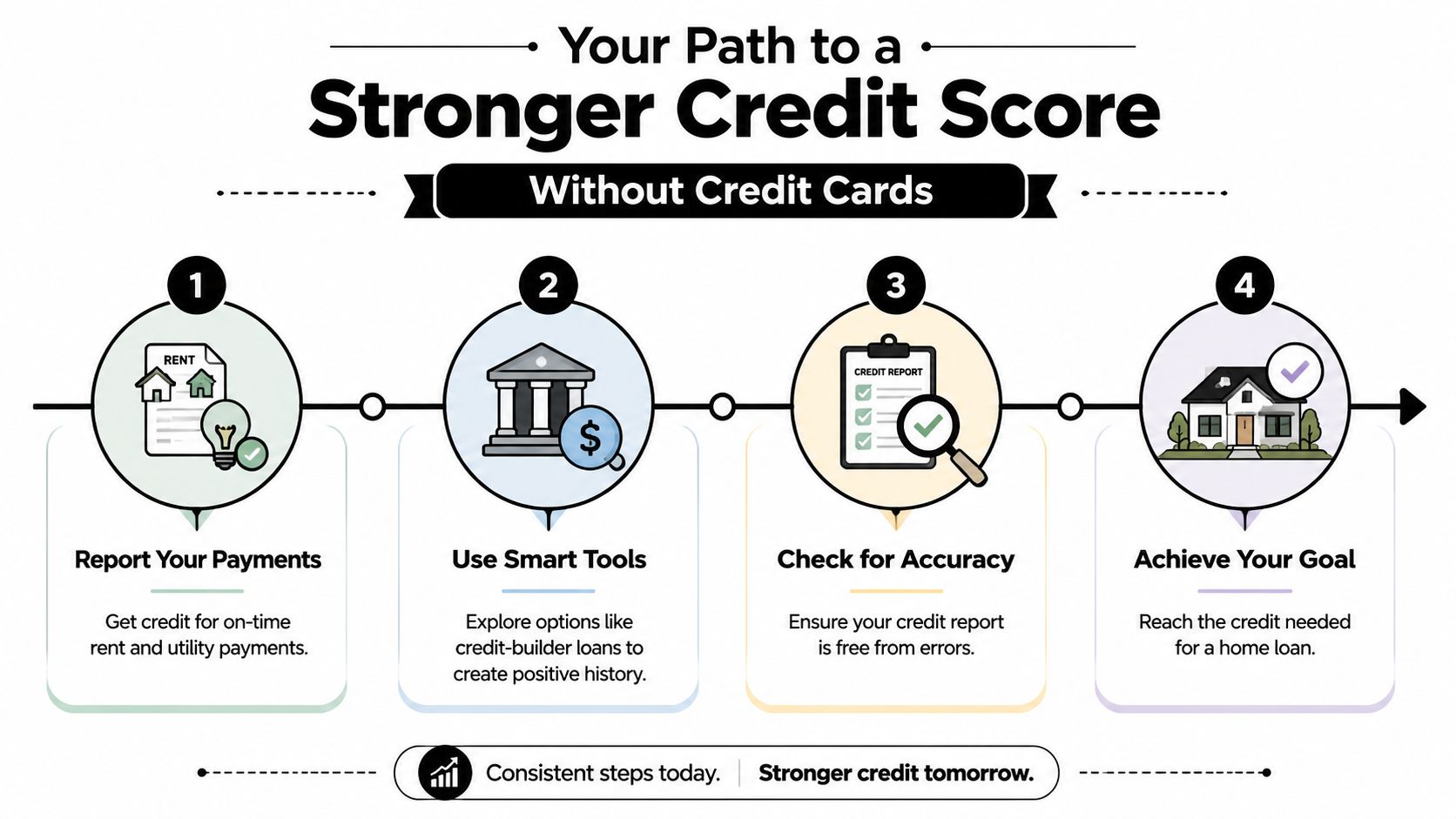 An infographic showing four steps to improve a credit score without using credit cards.