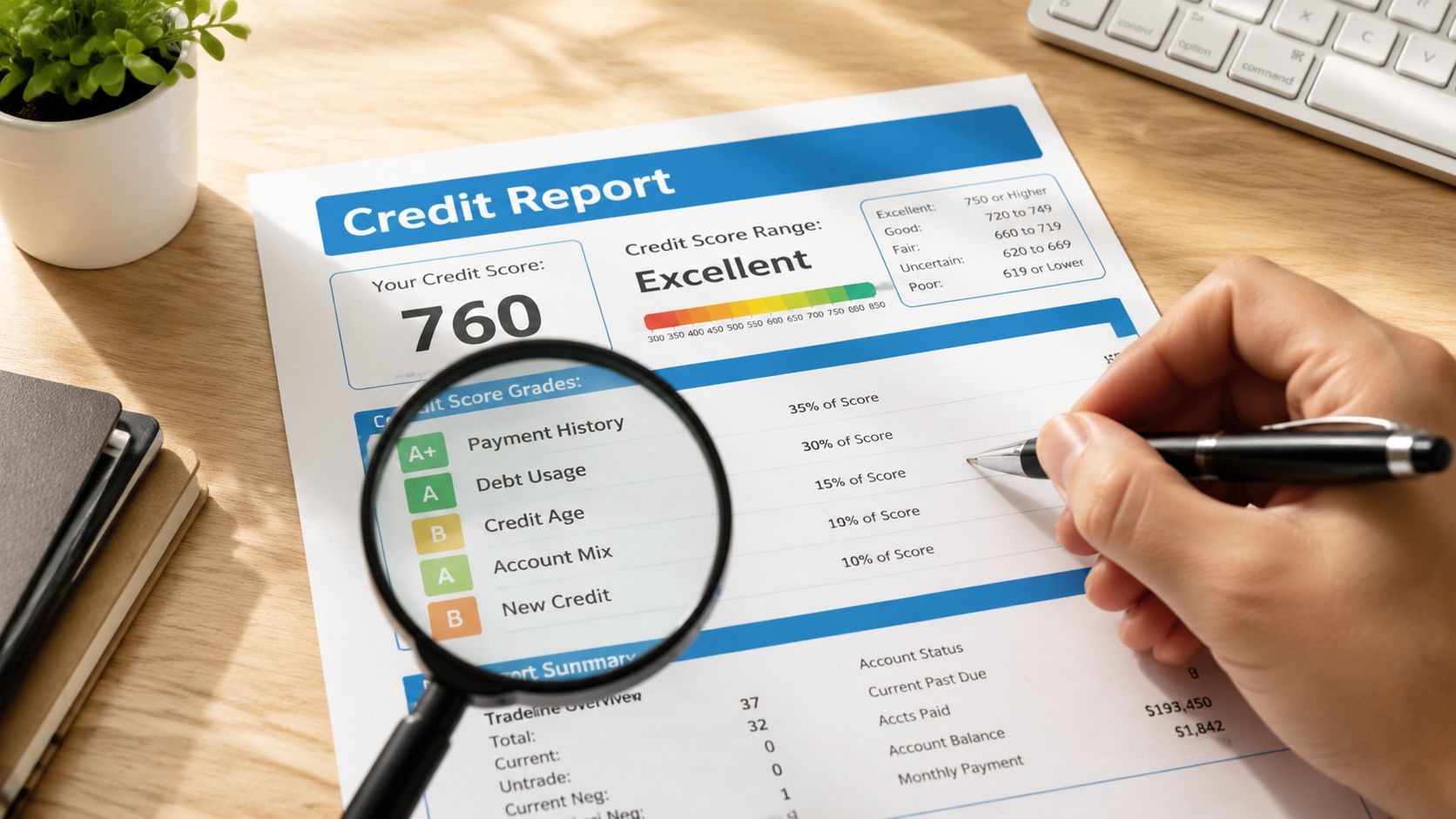 A hand holding a pen and magnifying glass over a credit report document showing an excellent credit score.