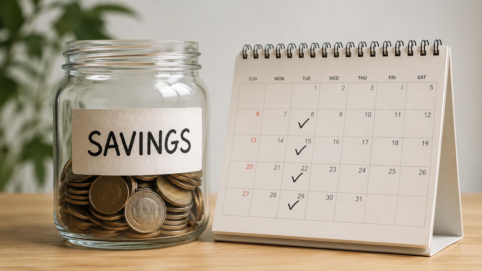 A glass jar labeled savings filled with coins beside a desk calendar with marked dates.