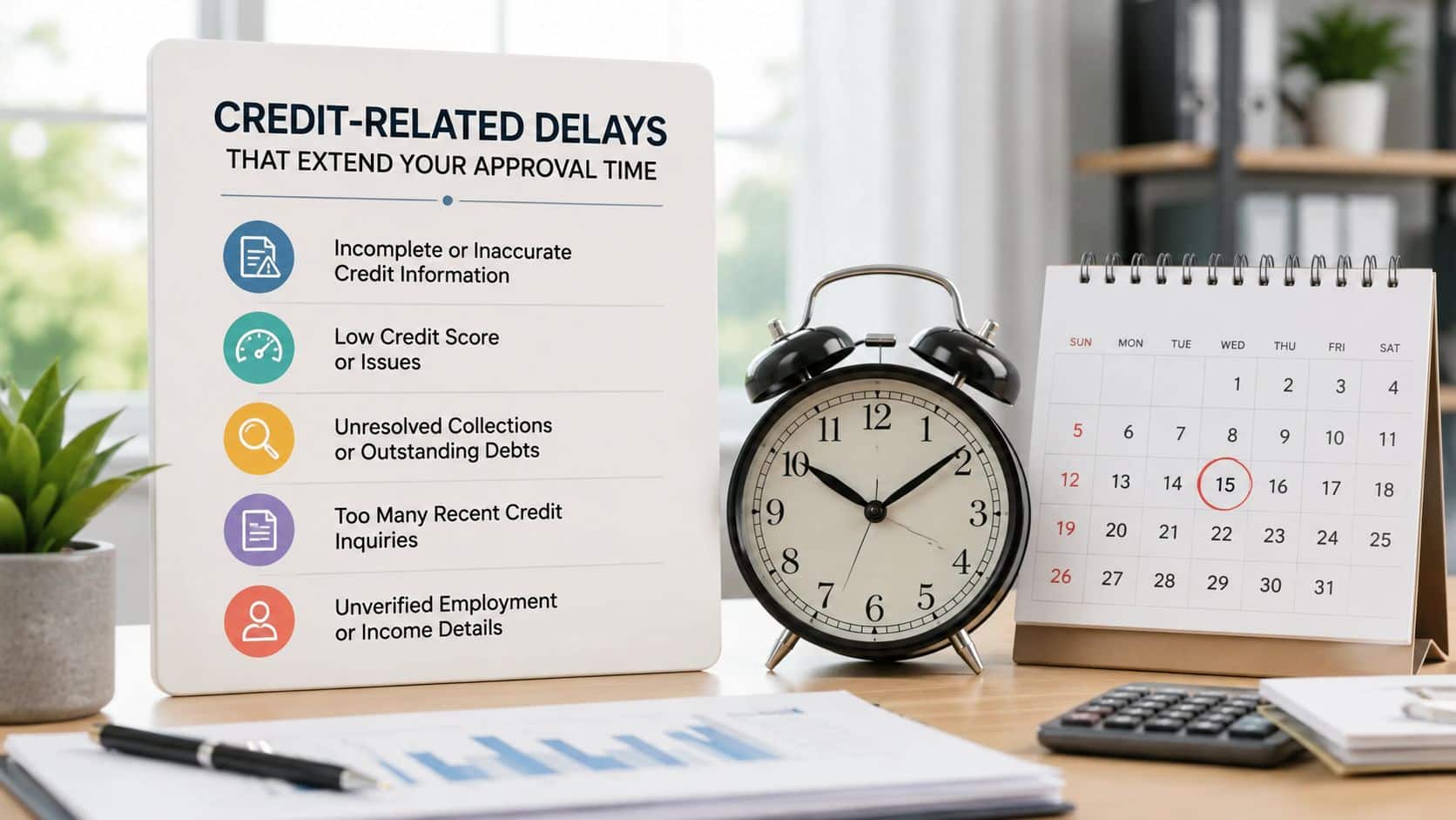 Borrower reviewing credit paperwork and a delayed mortgage timeline