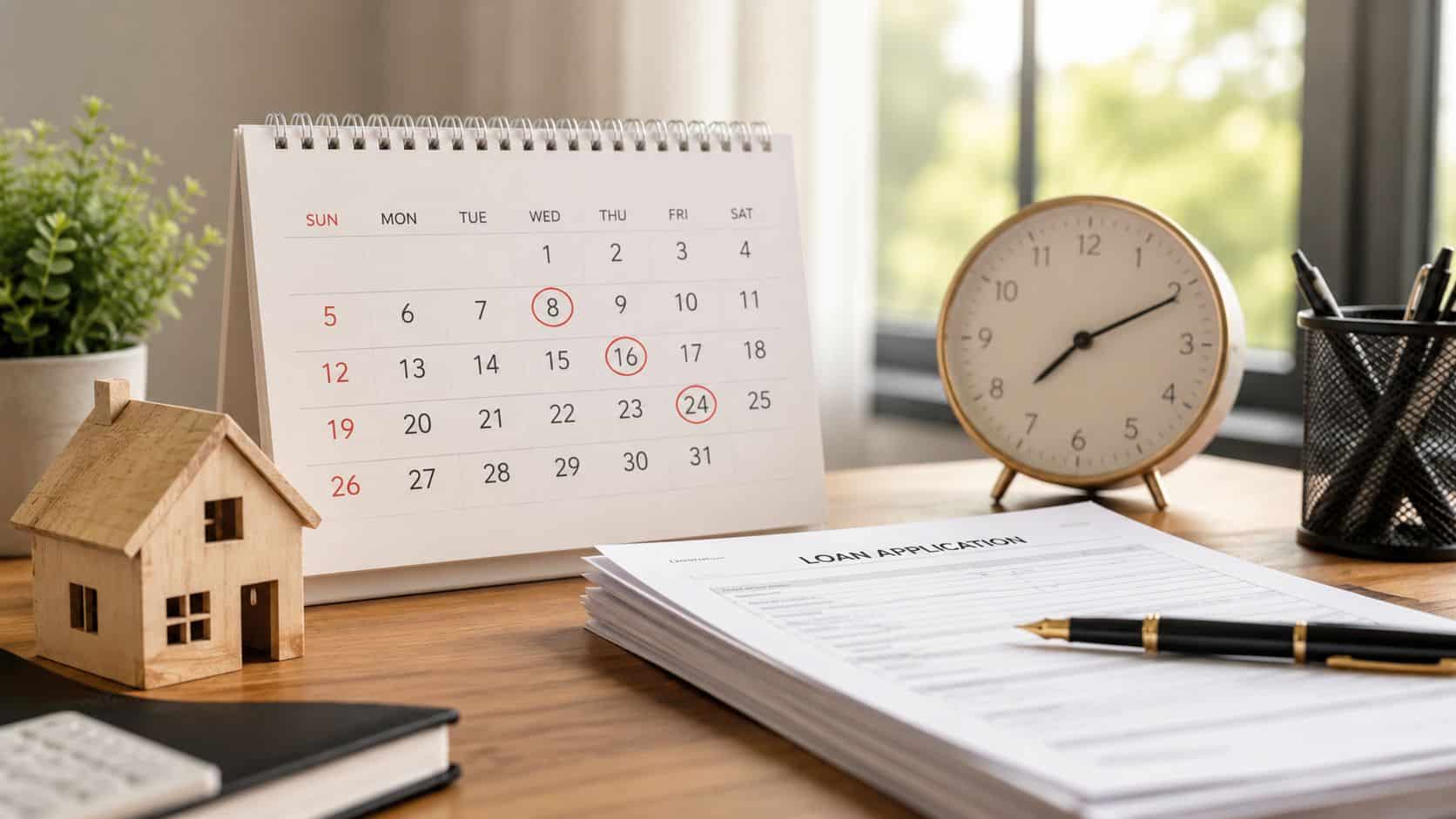 Mortgage application, calendar, and supporting documents on a desk