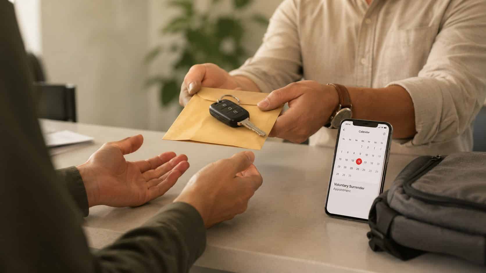 A person handing over an envelope with a car key to another person for a voluntary surrender appointment.