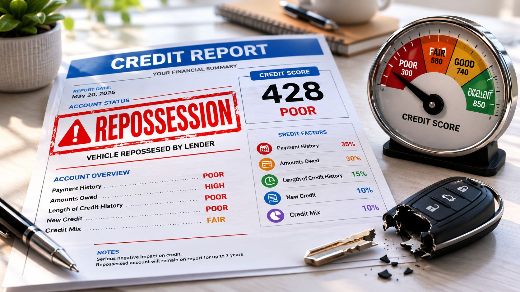 A credit report showing a poor credit score of 428 and a red repossession notification stamp.