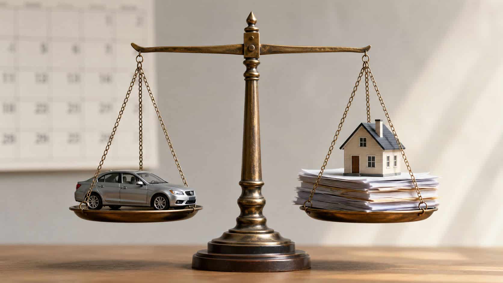 Balance scale weighing a model car against a house and financial papers