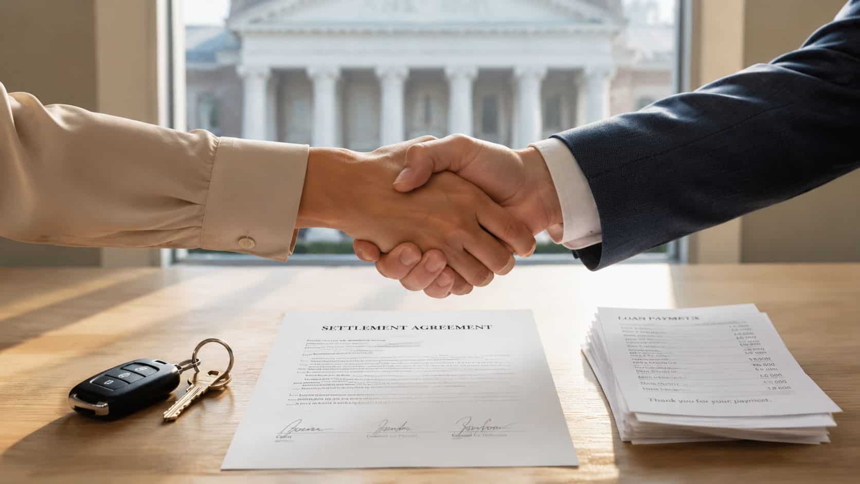 A professional handshake over a settlement agreement and car keys, symbolizing a voluntary vehicle repossession agreement.