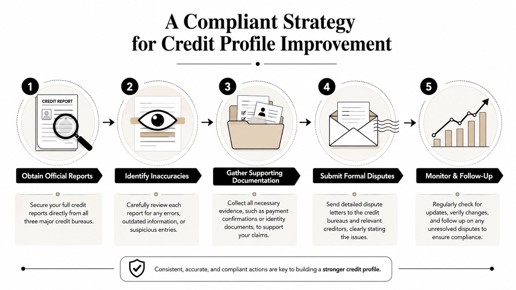 Credit-building diagram with report, payment, balance, and monitoring steps for credit-report dashboard and financial analysis