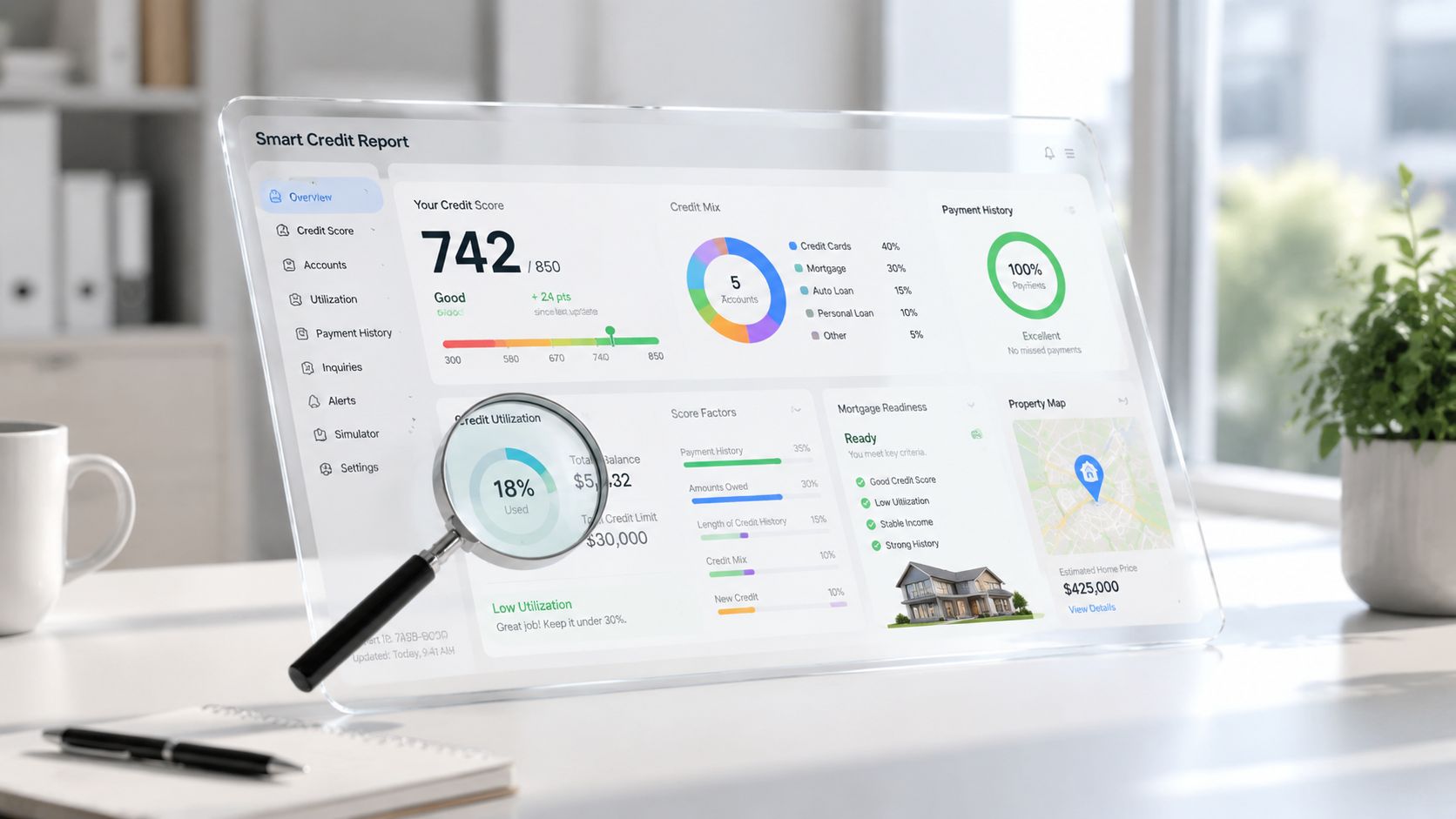 Credit dashboard with score gauge, account charts, and report details