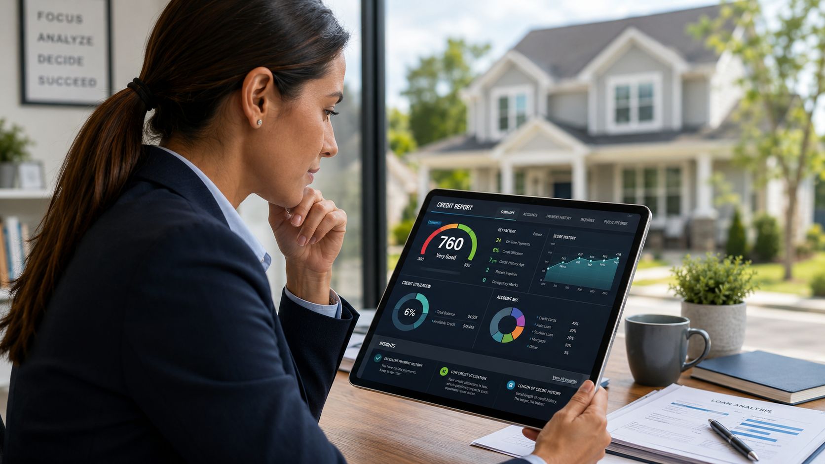 Woman reviewing a credit dashboard on a tablet beside a house