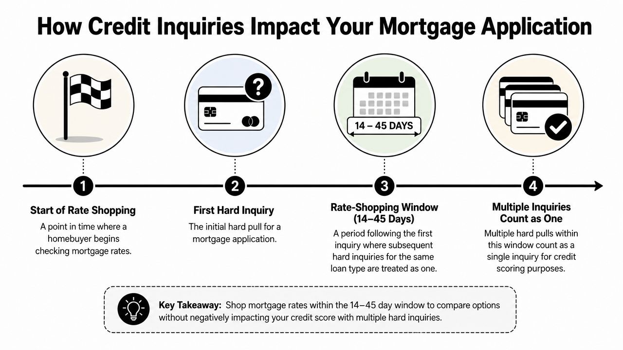 Inquiry timeline showing report checks and mortgage-review stages for soft and hard credit inquiries