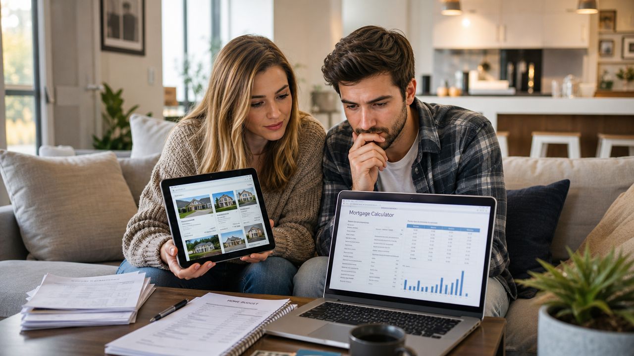 Borrowers reviewing a financial plan, credit records, and housing documents for soft and hard credit inquiries
