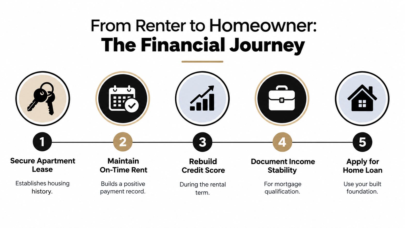 A five-step infographic showing the financial journey from renting an apartment to becoming a homeowner.