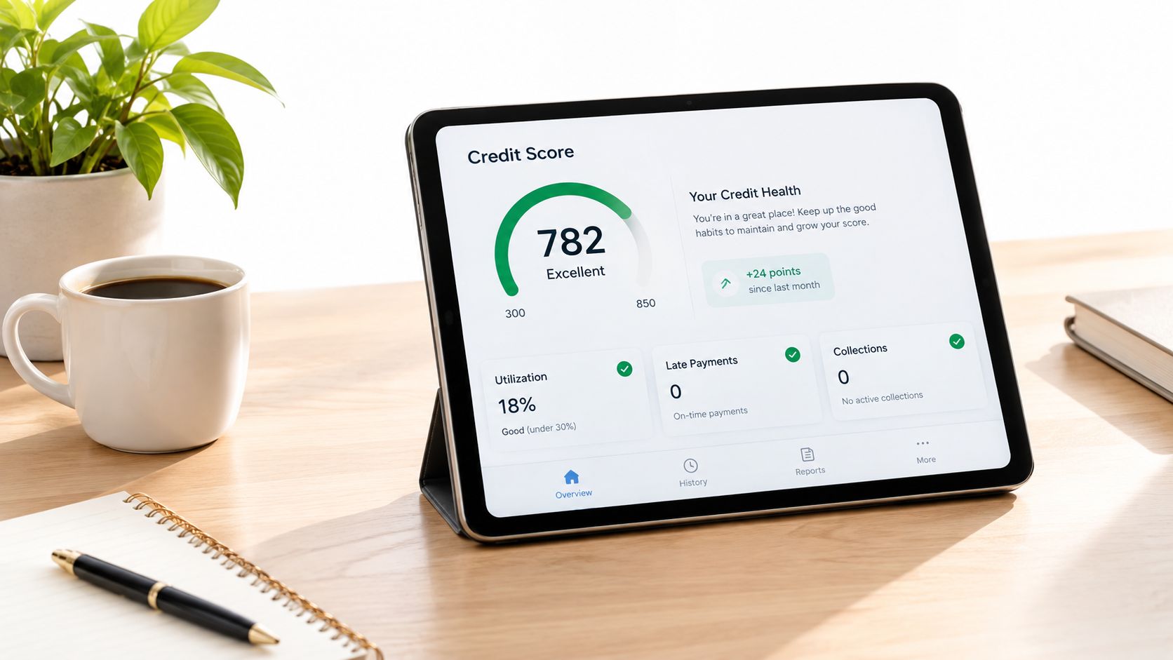 A digital tablet displaying a credit score of 782 with financial data on a wooden desk.