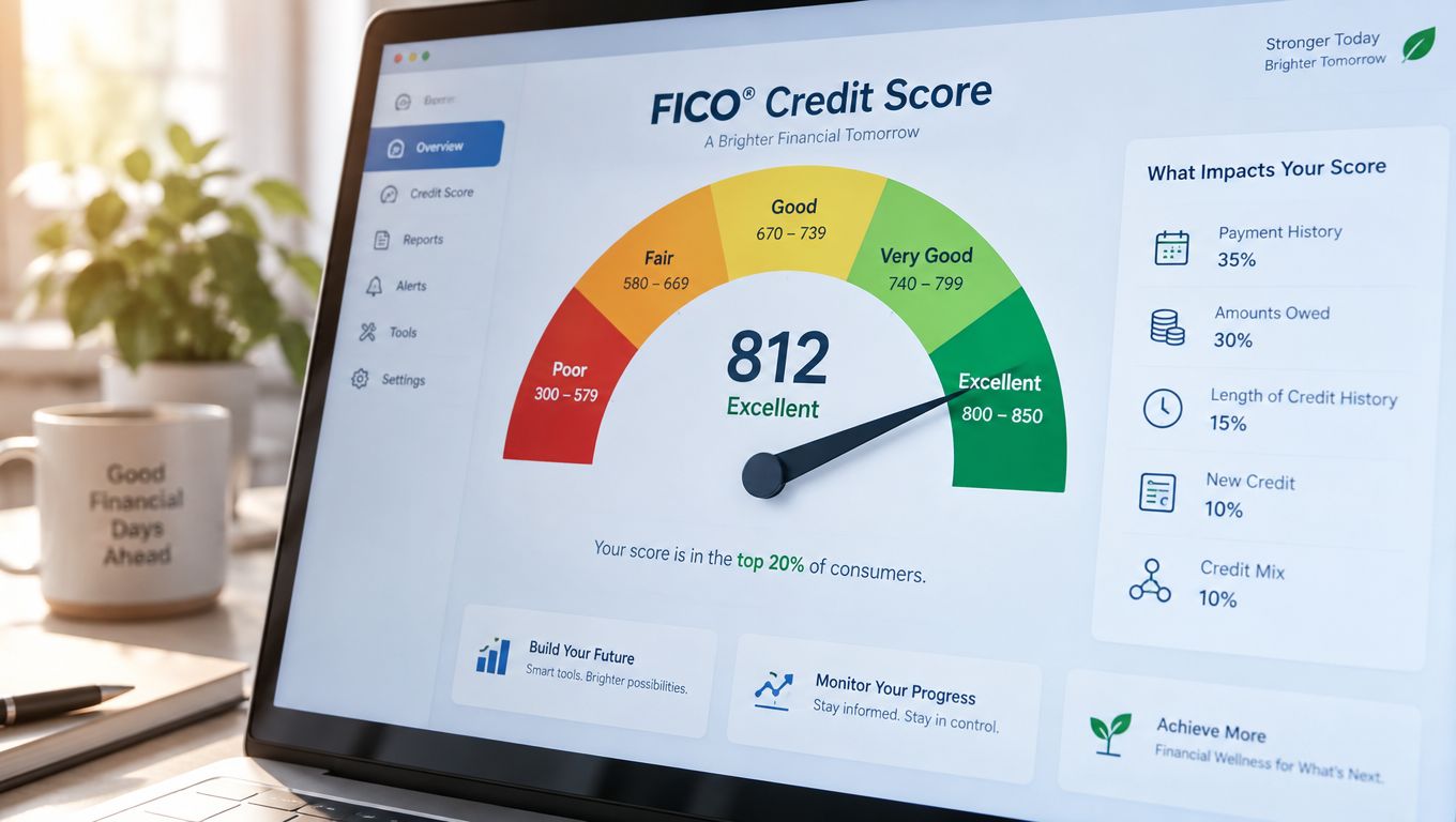 A laptop screen displaying an excellent FICO credit score of 812 with a graphical gauge chart.