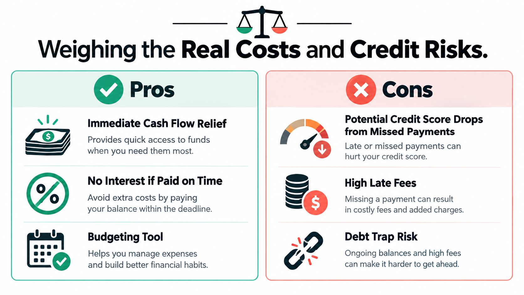 An infographic comparing the pros and cons of using credit services with financial icons and text.
