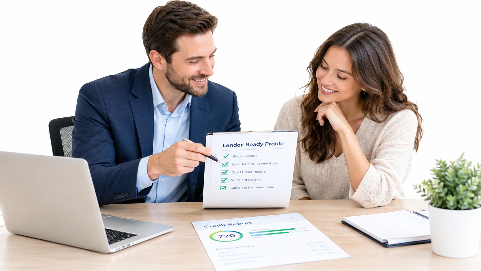 A professional financial advisor reviews a lender-ready profile and credit report with a smiling female client.