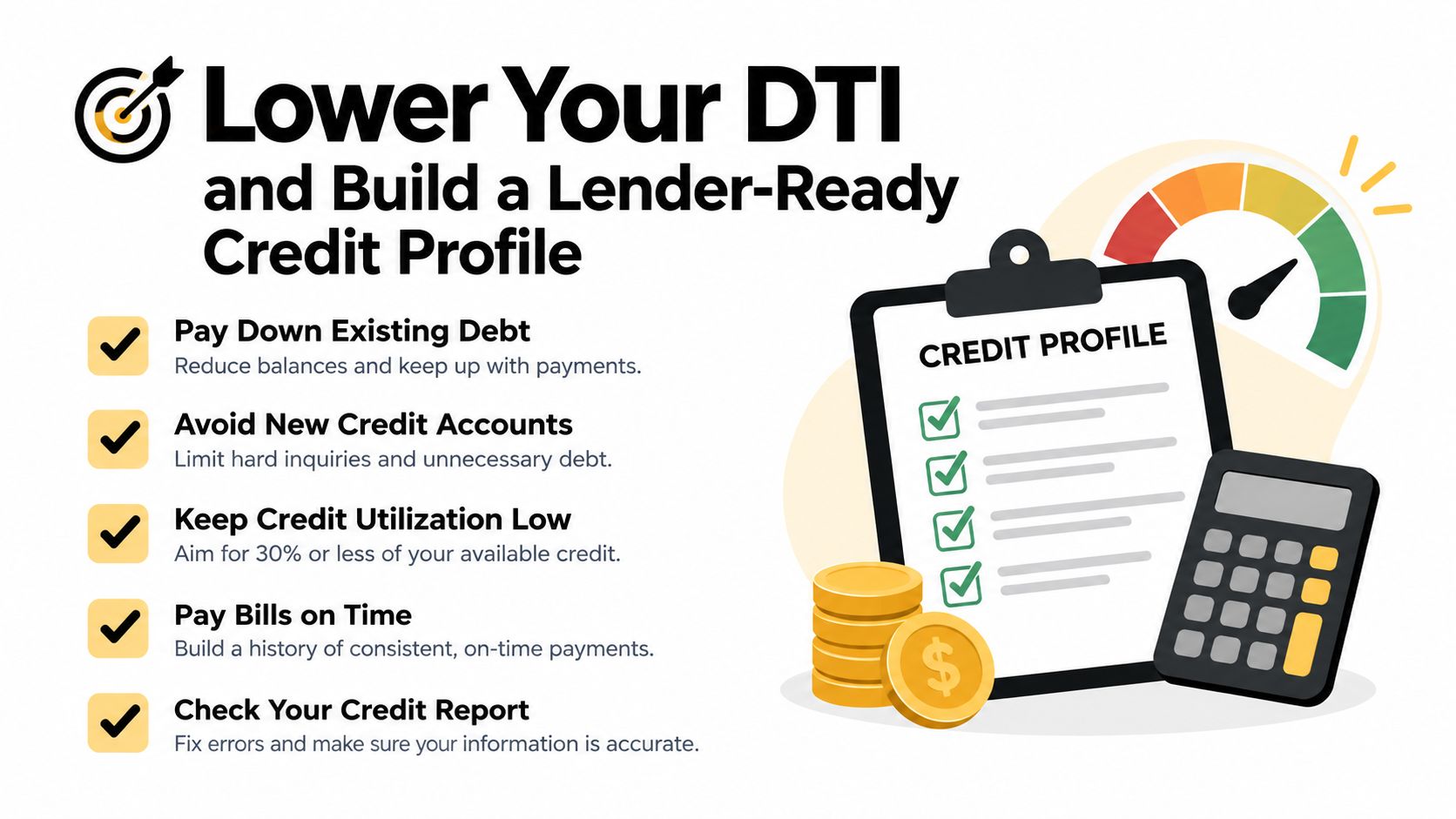 An infographic titled Lower Your DTI with five tips for building a lender-ready credit profile.