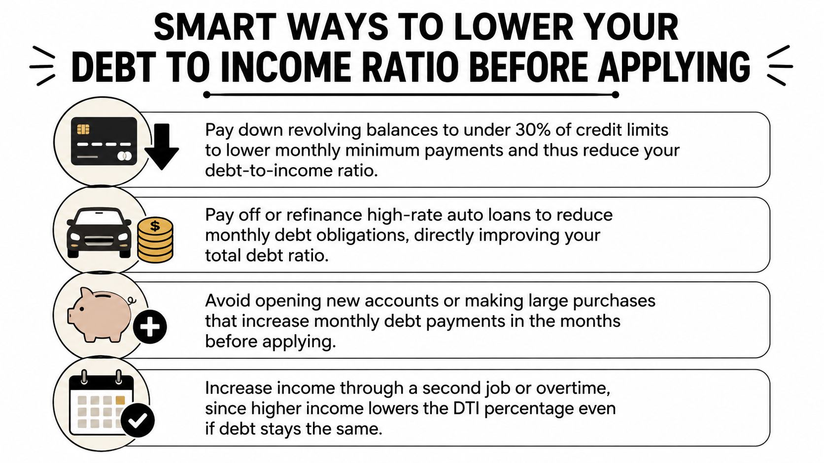A helpful infographic illustrating four smart strategies for lowering your debt-to-income ratio before applying for loans.