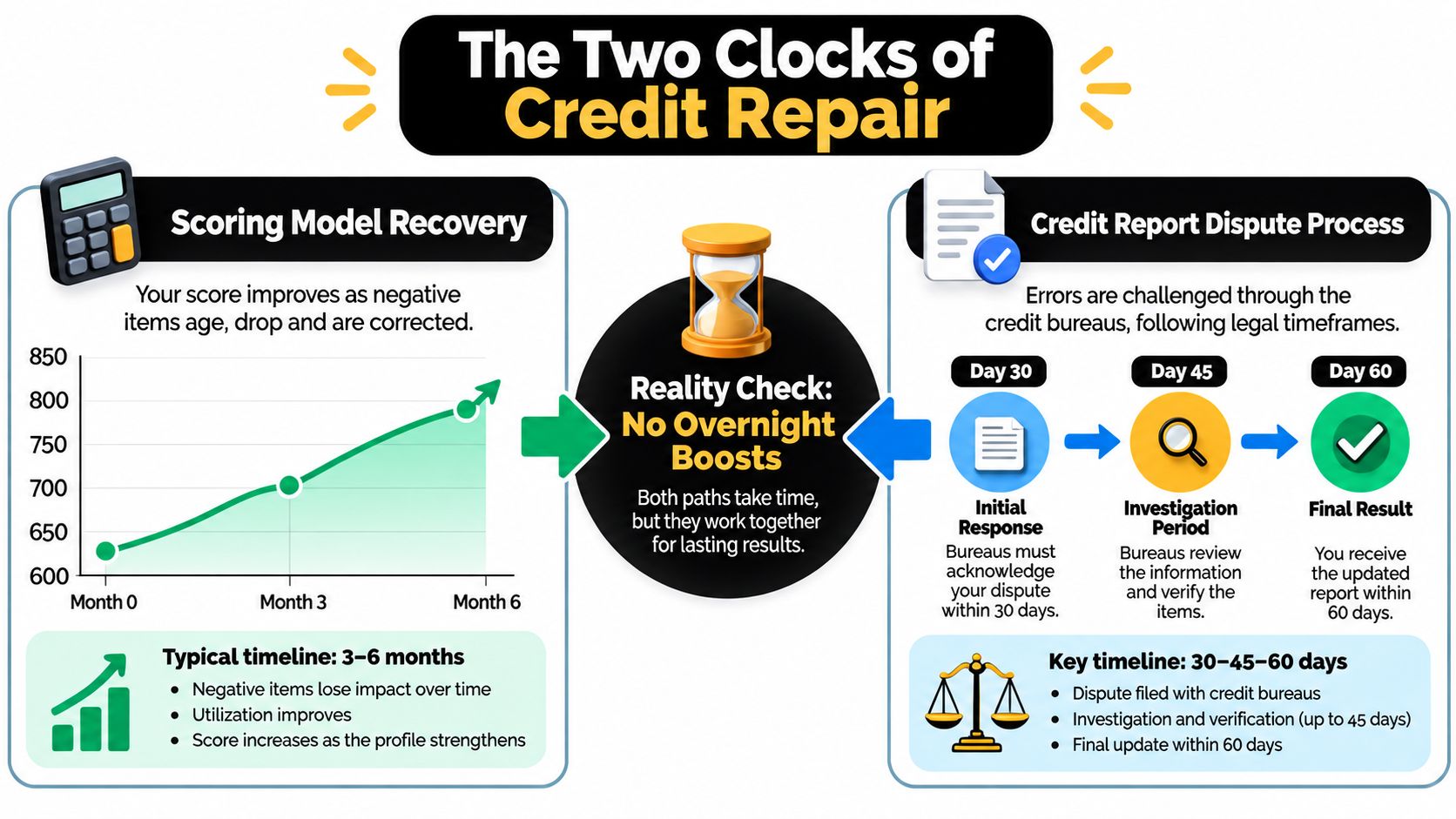 An infographic titled The Two Clocks of Credit Repair showing scoring recovery and dispute process timelines.