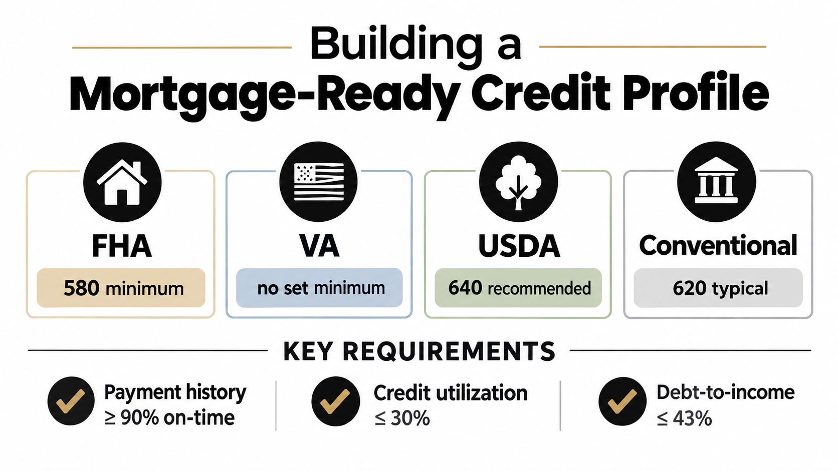 A visual guide outlining the credit score requirements for FHA, VA, USDA, and conventional mortgage loans.