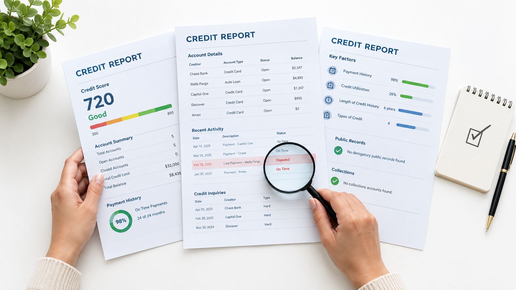 A person reviewing a credit report document using a magnifying glass on a white desk workspace.