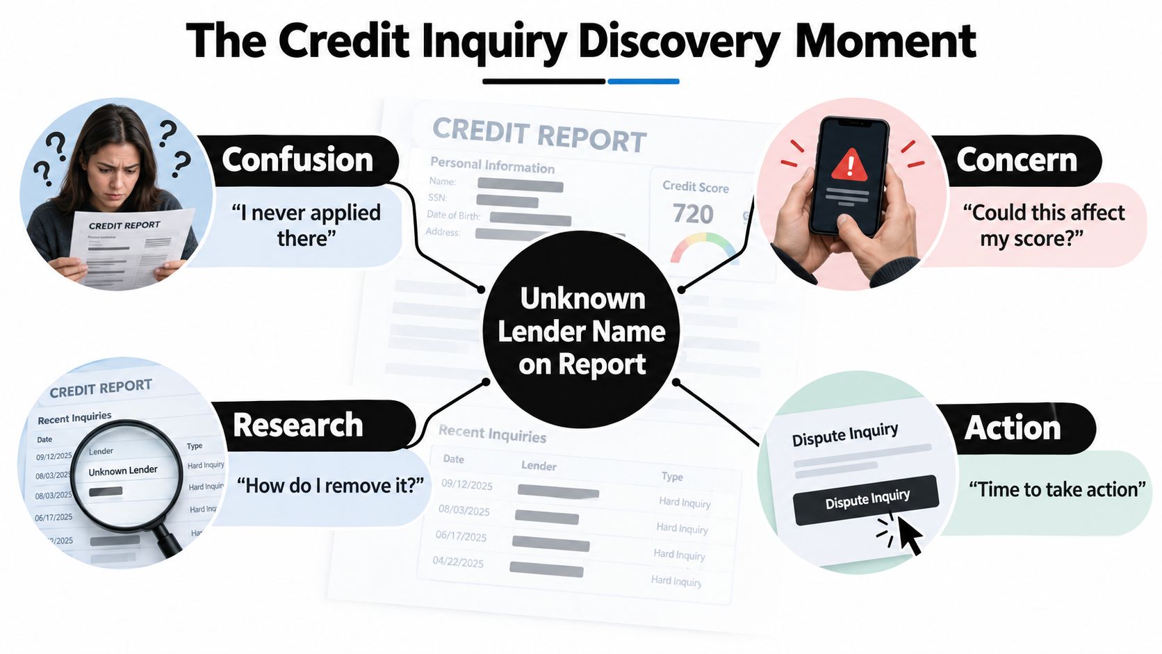 An infographic detailing the emotional and logical steps a consumer takes upon discovering unknown credit inquiries.