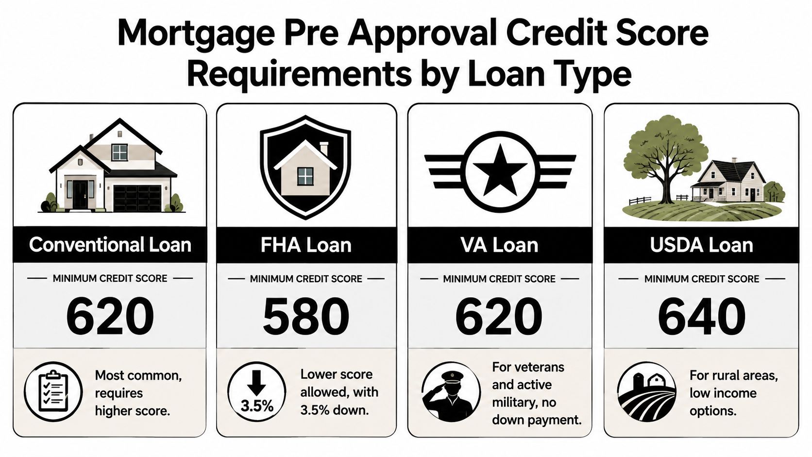 A chart showing minimum credit score requirements for Conventional, FHA, VA, and USDA mortgage loans.
