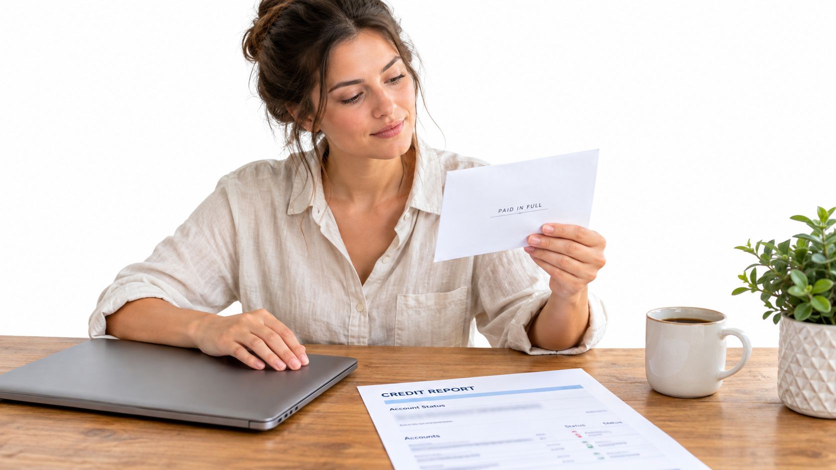 A woman looks at a document marked paid in full while sitting at a desk with a laptop.