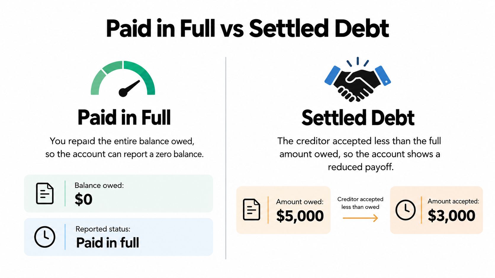 An infographic comparing the definitions and financial outcomes of paying a debt in full versus debt settlement.