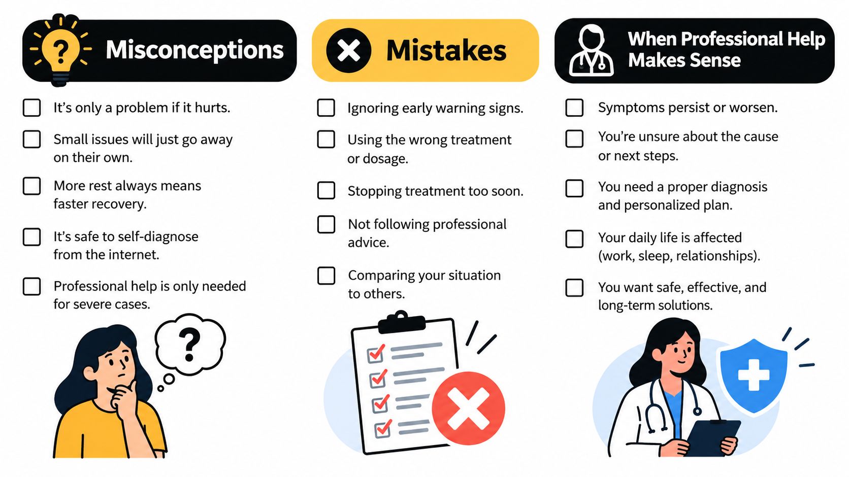 An infographic showing common health misconceptions, mistakes to avoid, and when to seek professional medical advice.