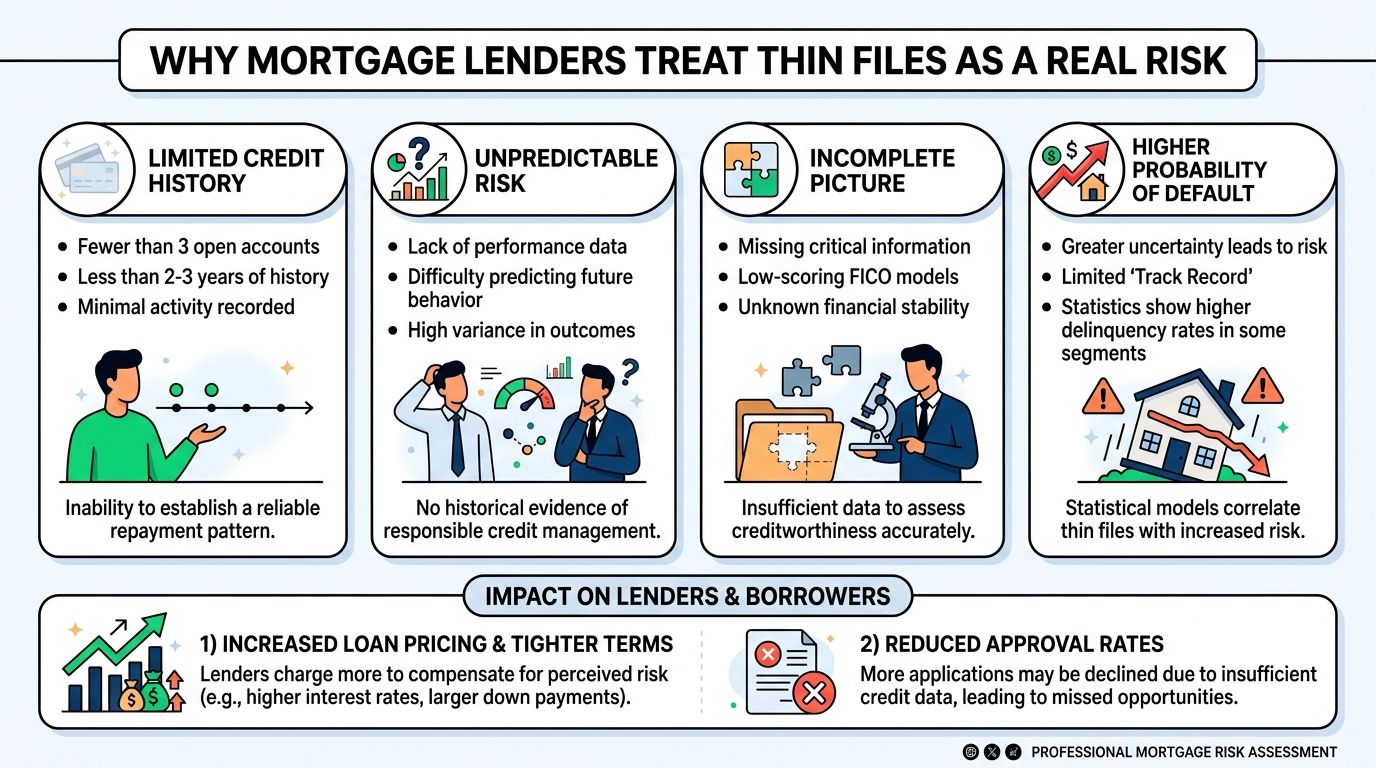 An infographic explaining why mortgage lenders consider thin credit files to be a significant financial risk.