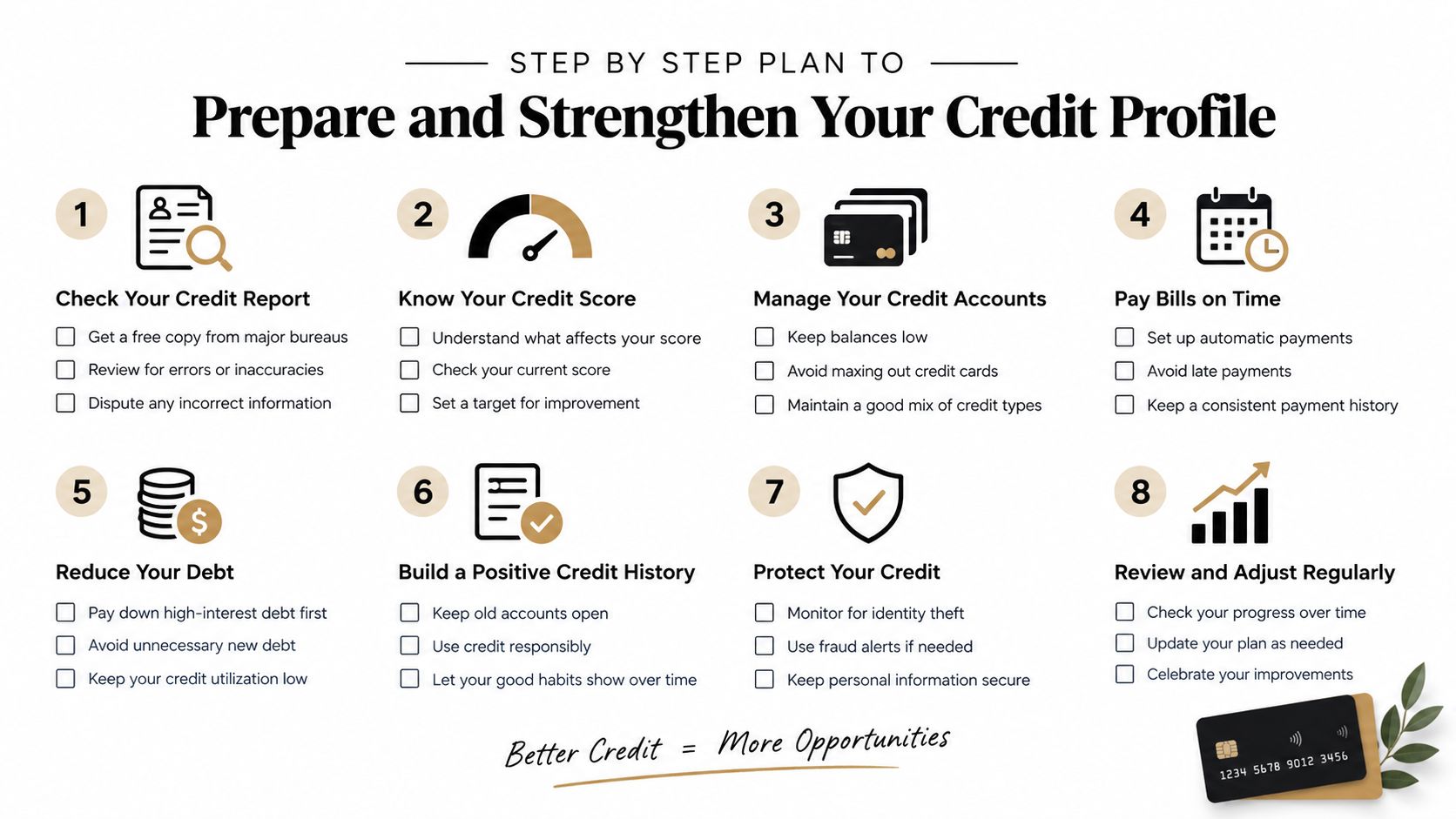 An infographic titled Step by Step Plan to Prepare and Strengthen Your Credit Profile listing eight actionable steps.