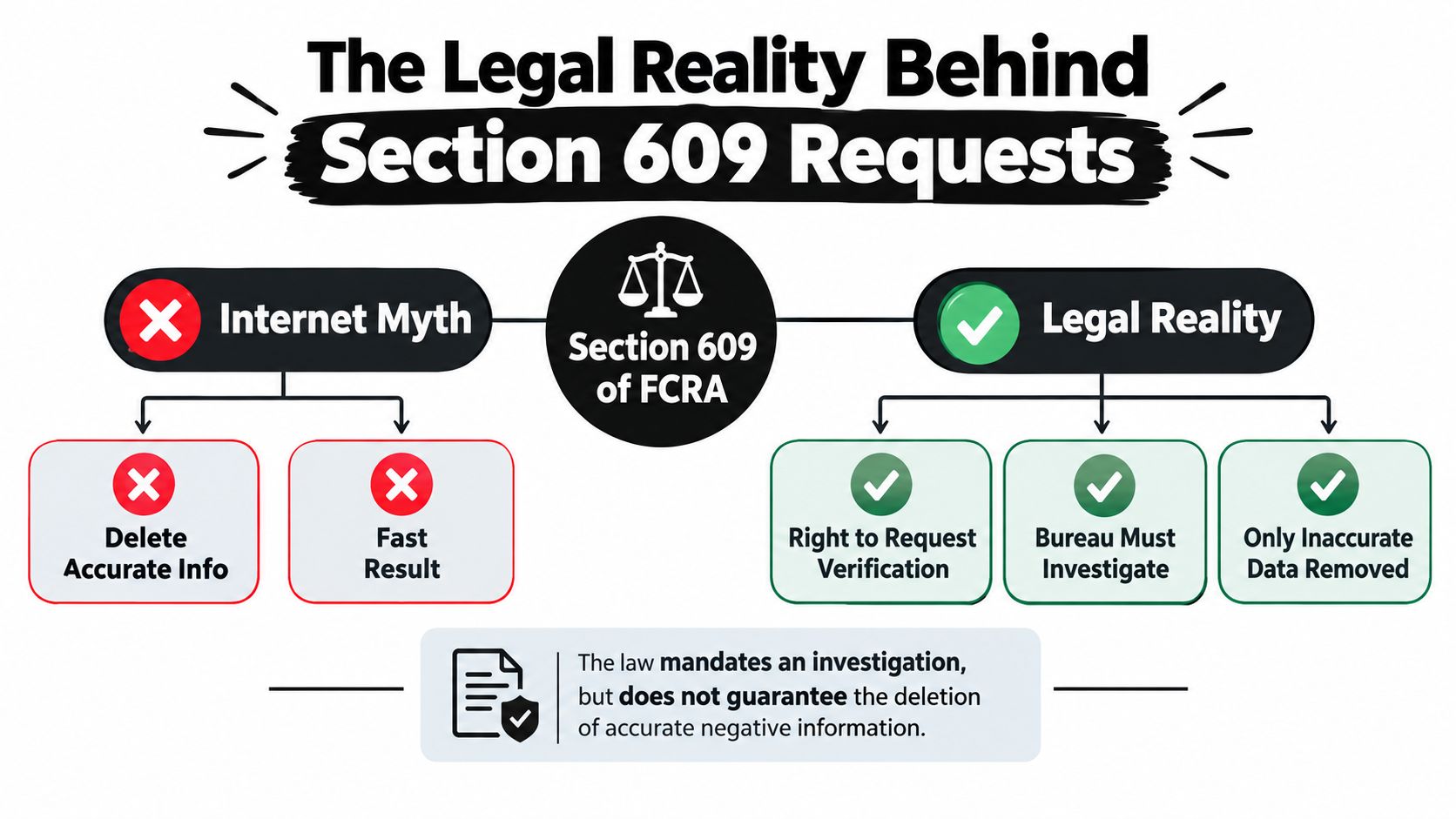 An infographic contrasting common myths with the legal reality of Section 609 credit report dispute requests.