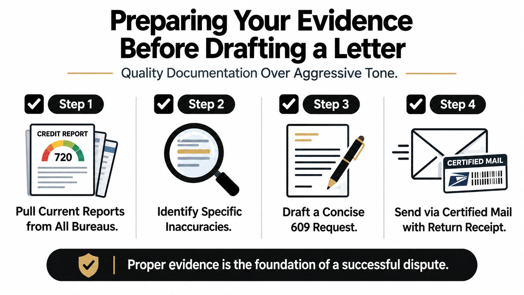 A four-step infographic illustrating the process of preparing evidence for a 609 credit dispute letter.