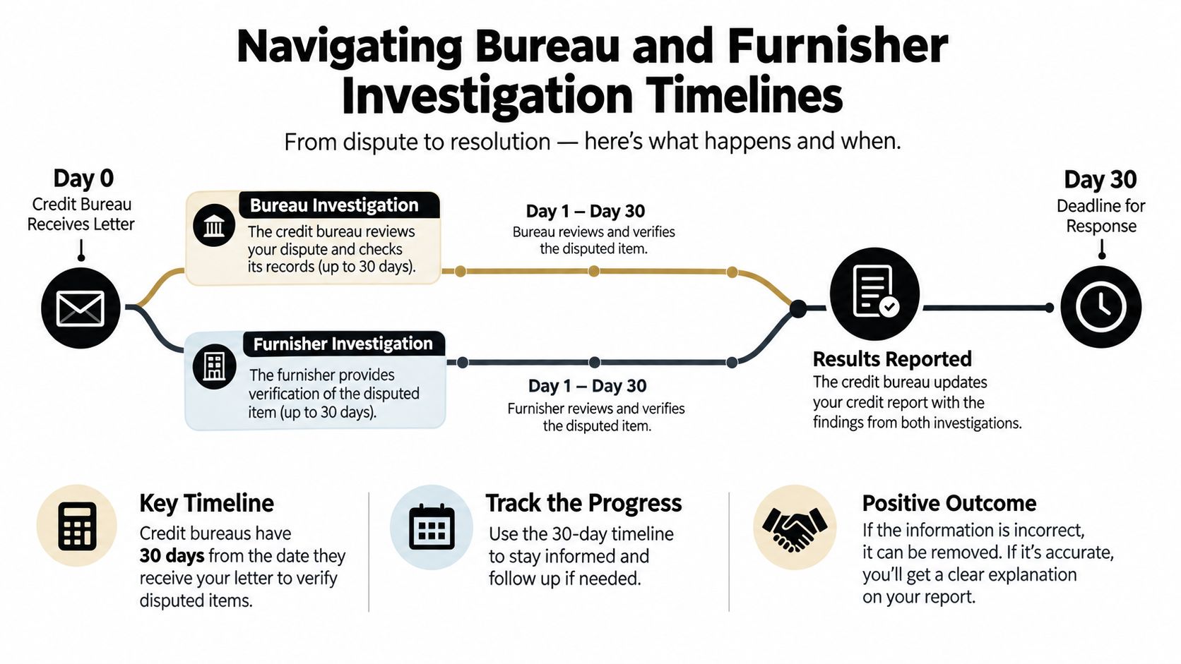 A flowchart infographic detailing the 30-day investigation timeline for a credit report dispute letter process.