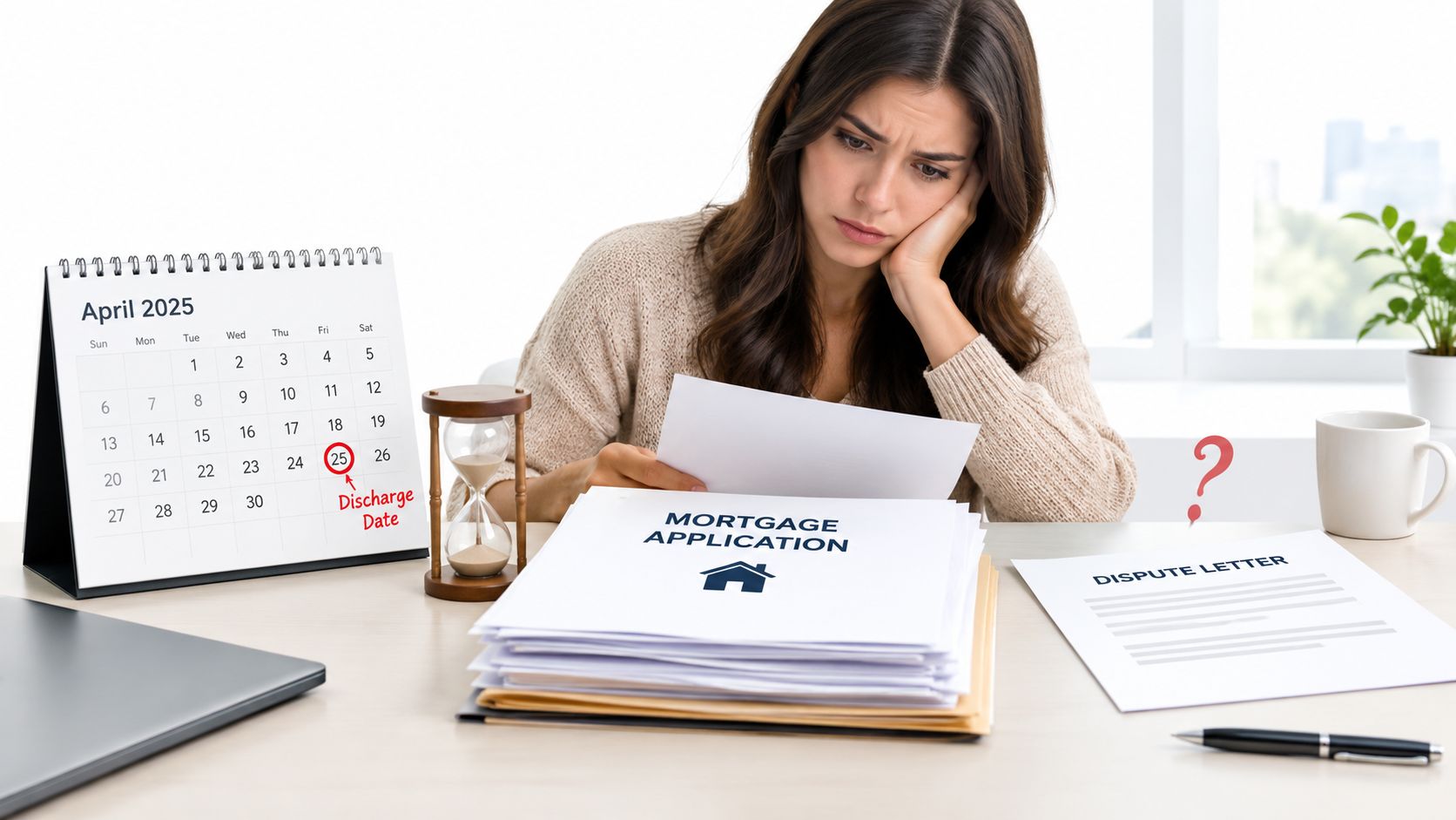 A concerned woman sits at a desk with a mortgage application, a calendar, and a dispute letter.