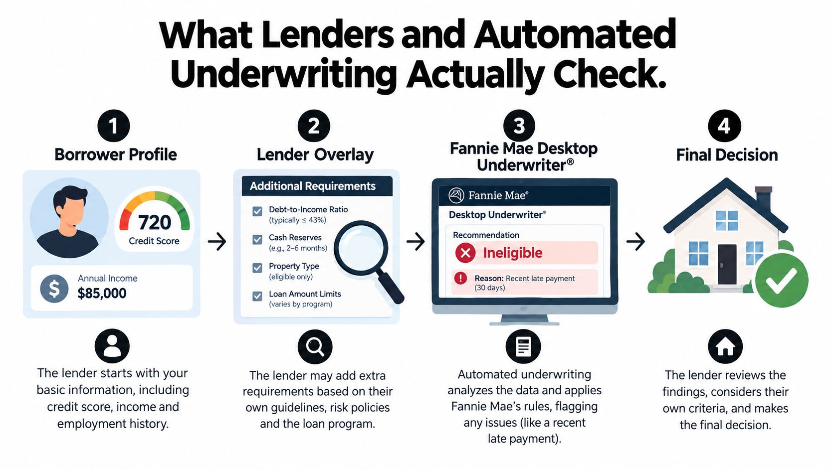 A four-step infographic illustrating the lender and automated underwriting process for mortgage approval.
