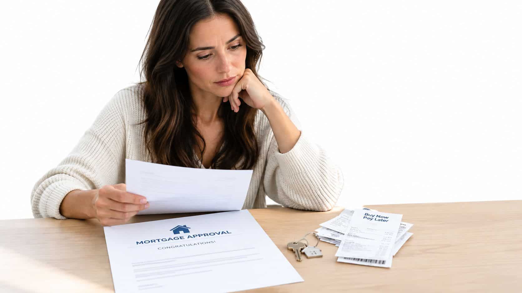 A concerned woman looks at a mortgage approval document next to a pile of buy now pay later receipts.