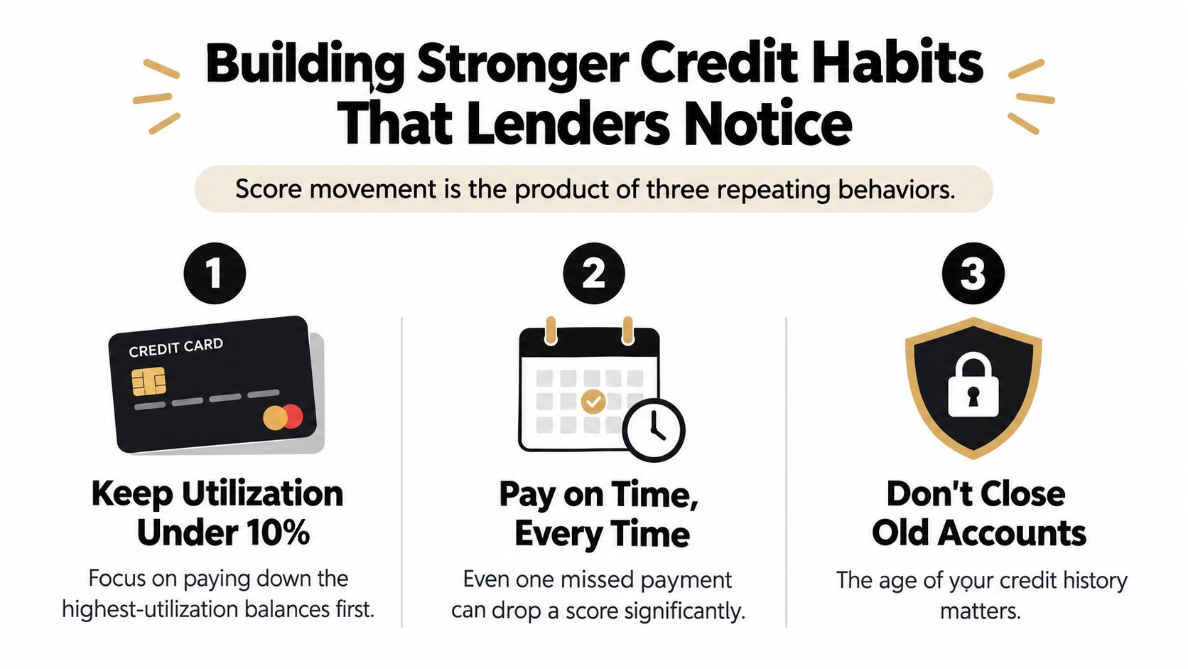 An infographic showing three essential credit habits to improve your score: utilization, on-time payments, and credit age.