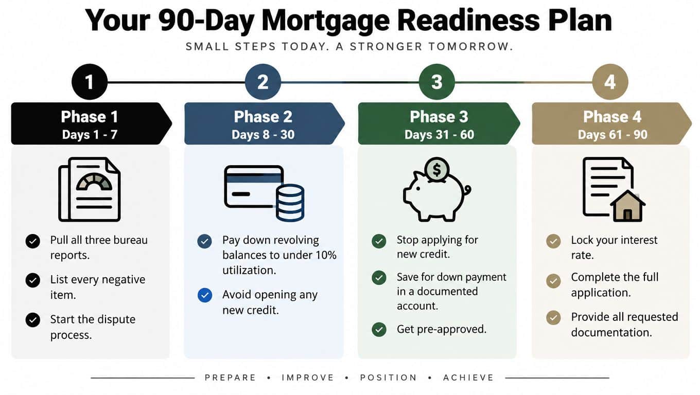 A 90-day mortgage readiness plan infographic outlining steps to improve credit and prepare for home buying.