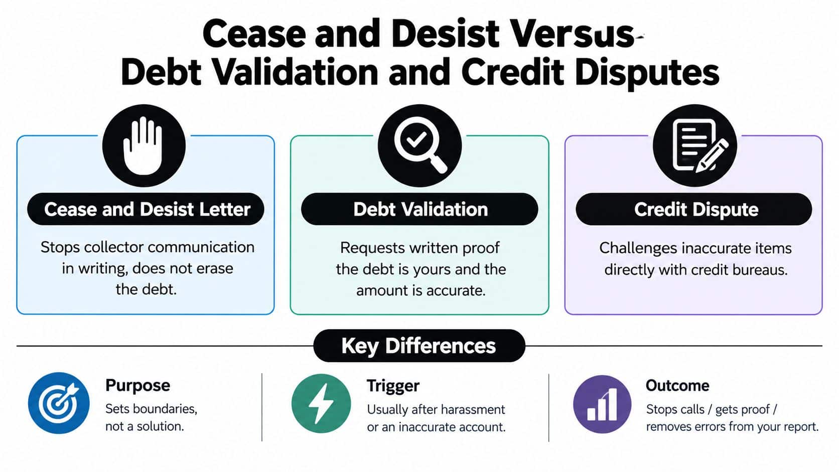 A comparison chart explaining the differences between a cease and desist letter, debt validation, and credit disputes.