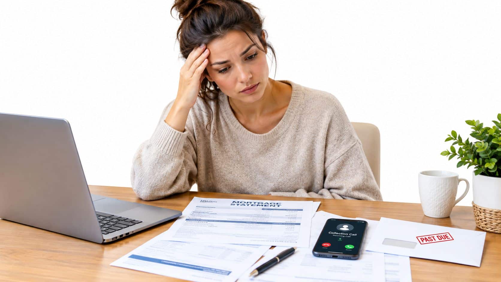 A stressed woman sits at her desk reviewing a mortgage statement while receiving a collection call.