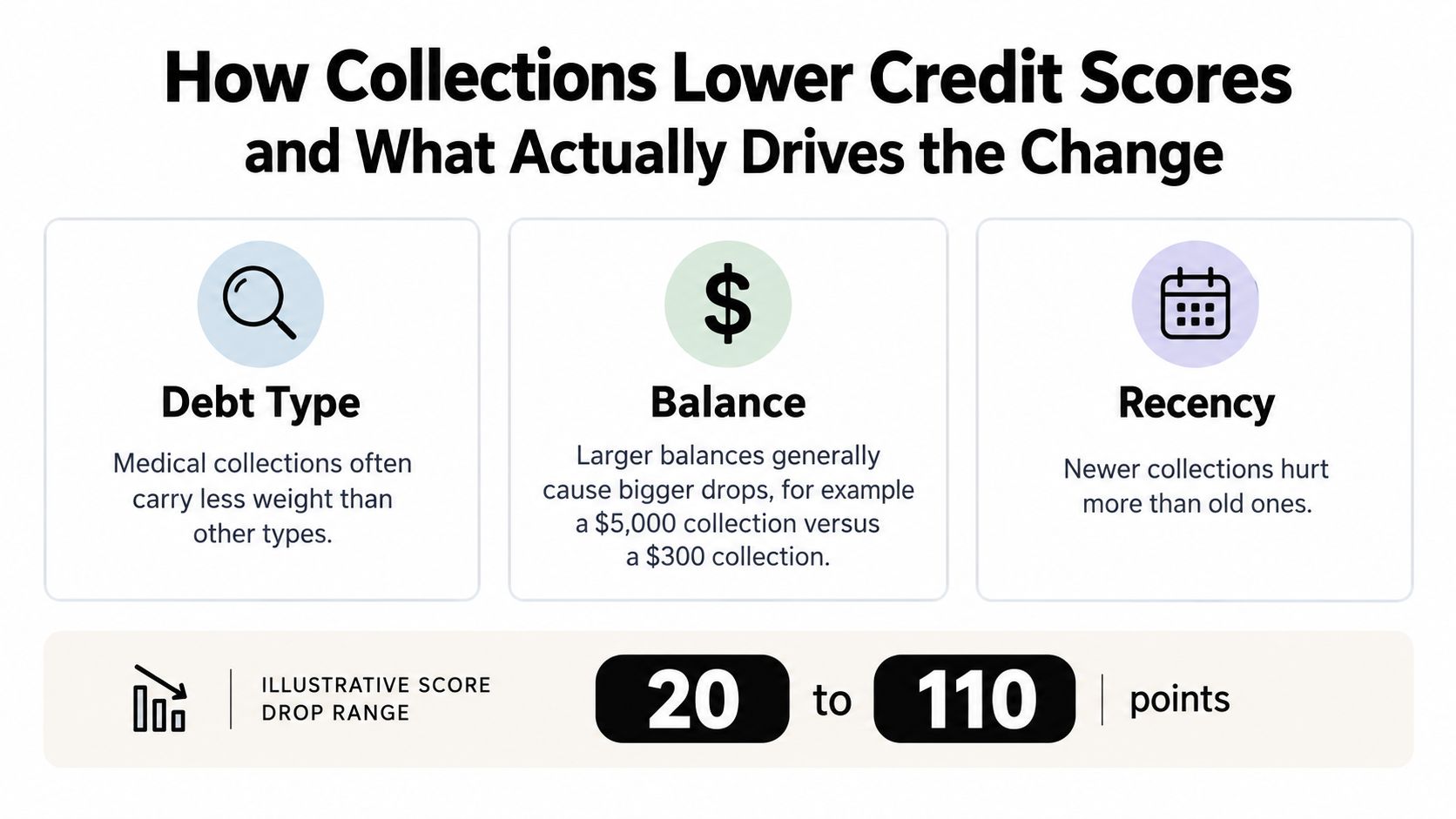 An infographic titled How Collections Lower Credit Scores detailing debt type, balance, and recency impacts.