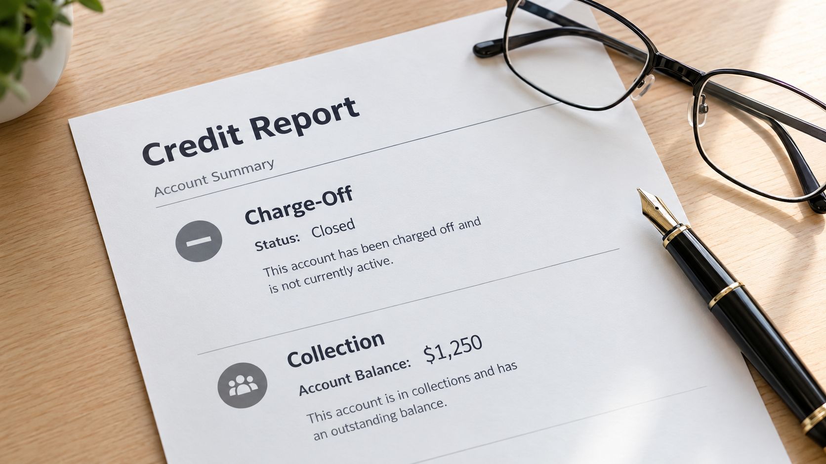 A close-up view of a printed credit report showing charge-off and collection account details on a desk.