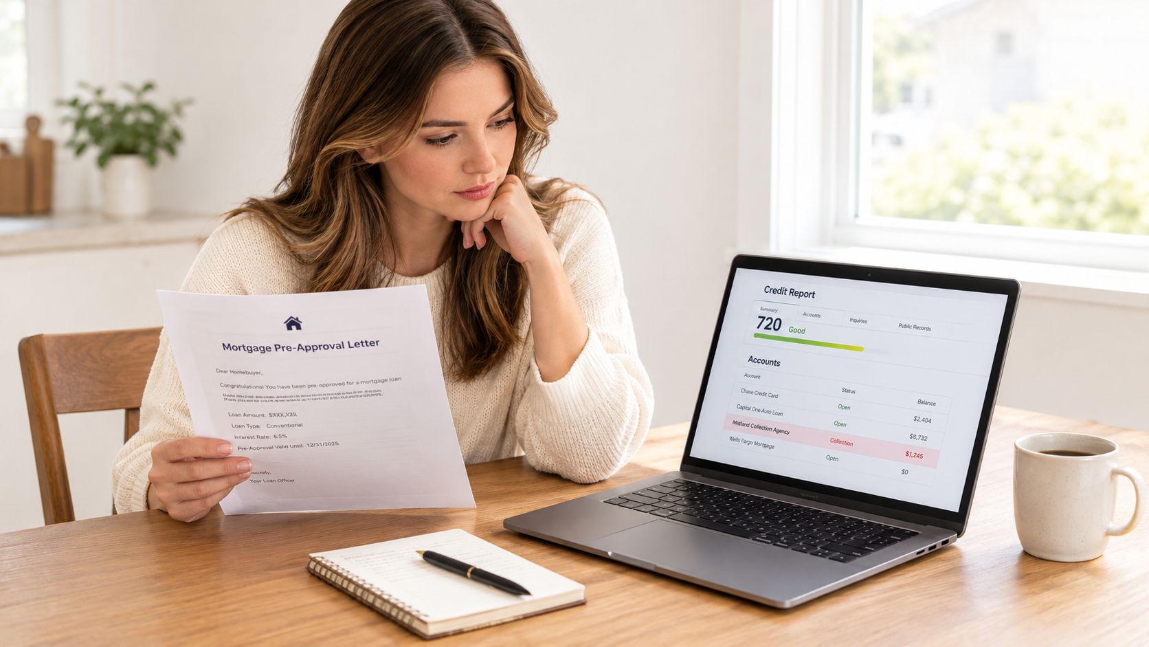 A woman reviewing a mortgage pre-approval letter and a credit report on her laptop at home.