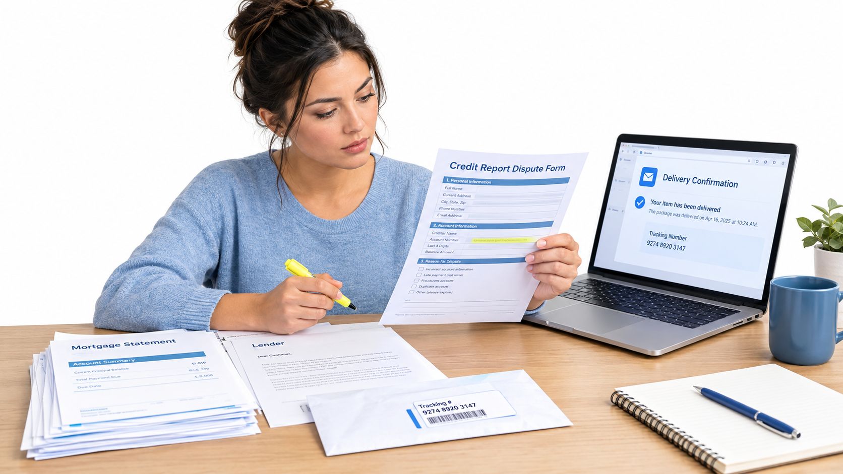 A young woman sitting at a desk filling out a credit report dispute form while checking tracking information.