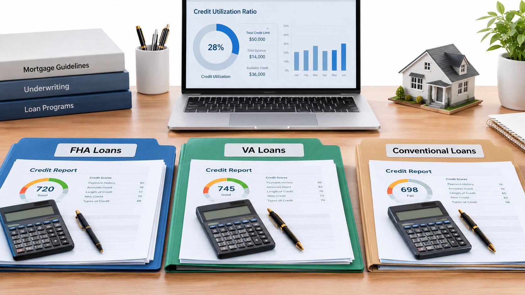 A professional desk setup featuring mortgage loan documents, credit report files, and a laptop with charts.