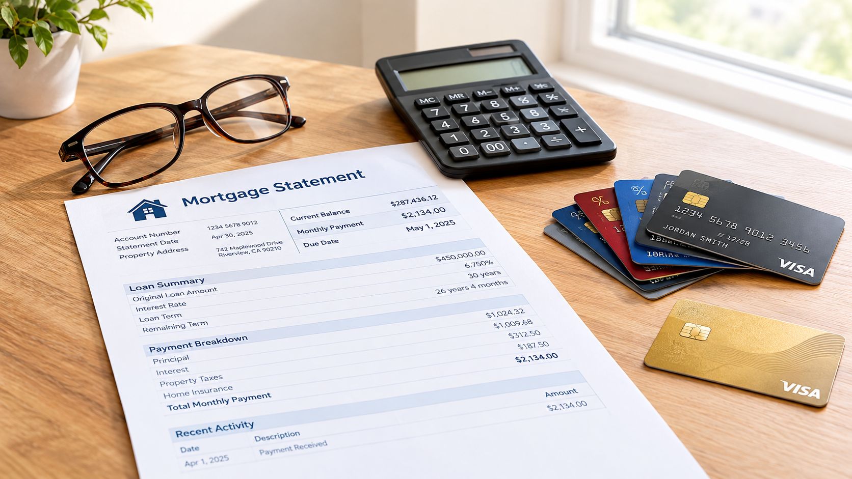 A mortgage statement document placed on a wooden desk next to a calculator and several credit cards.