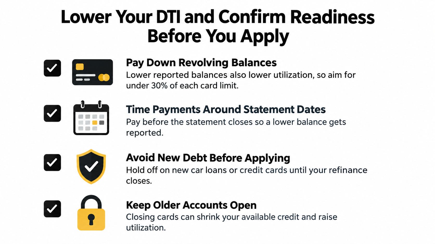 A checklist infographic providing tips to lower your debt-to-income ratio before applying for a refinance.