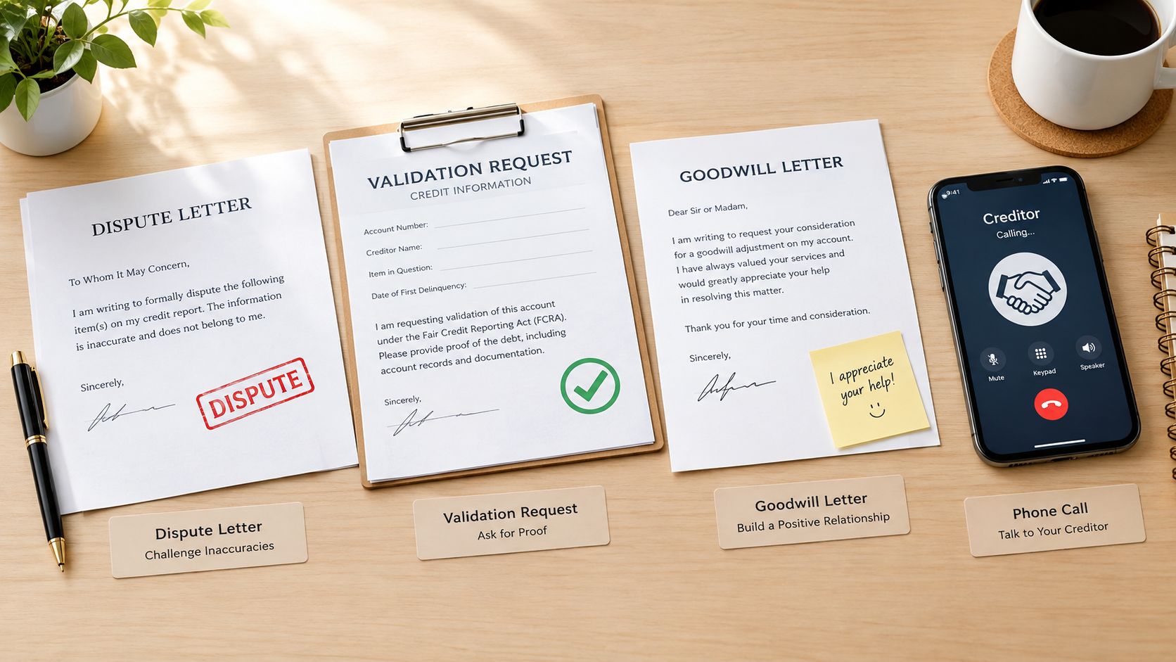 A wooden desk featuring credit repair documents, a dispute letter, a validation request, and a smartphone calling a creditor.