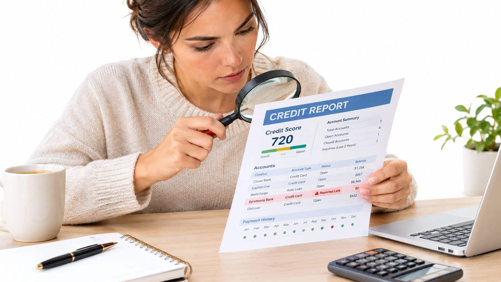 A woman examining a printed credit report document with a magnifying glass while sitting at a desk.